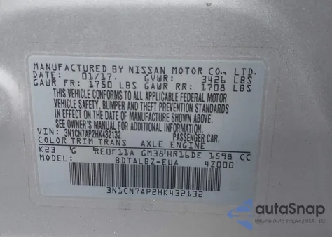 2017 Nissan Versa 1.6 Sv z USA, uszkodzony, nr VIN 3N1CN7AP2HK432132